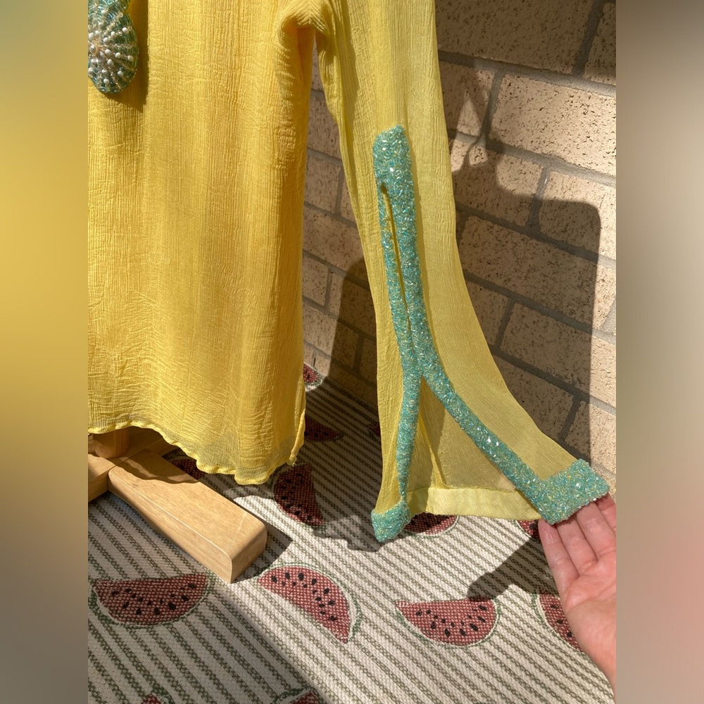 Jeannie Mcqueeny 100% Silk Yellow Blouse Blue Beaded Sunburst & Sleeve Detail - Picture 6 of 17